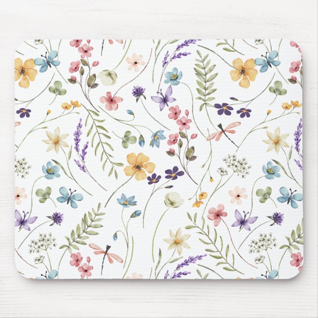 Beautiful Watercolor Flowers and Butterflies  Mouse Mat (Front)