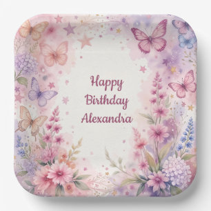 Beautiful Watercolor Flowers and Butterflies Paper Plate