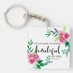 Beautiful watercolor flowers Bible quote lettering Key Ring