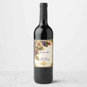 Beautiful Watercolor Flowers Gold Filigree  Wine Label
