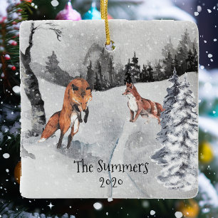Beautiful Watercolor Fox and Snow landscape custom Ceramic Ornament