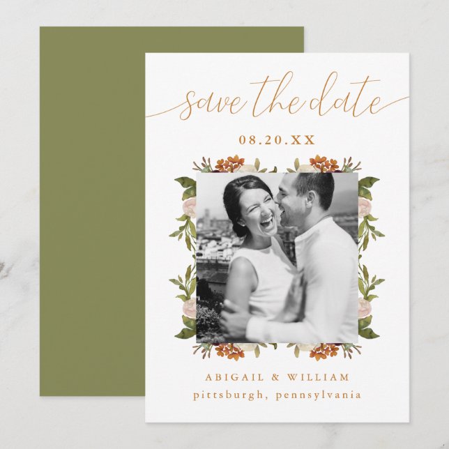 Beautiful Watercolor Frame Photo Green Wedding Save The Date (Front/Back)