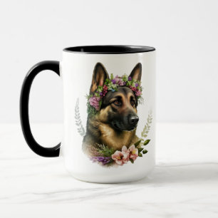 BEAUTIFUL WATERCOLOR GERMAN SHEPHERD DOG FLOWERS MUG