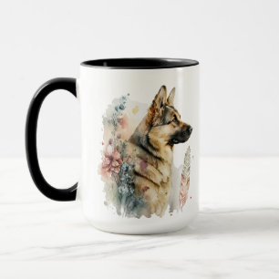 BEAUTIFUL WATERCOLOR GERMAN SHEPHERD DOG FLOWERS MUG