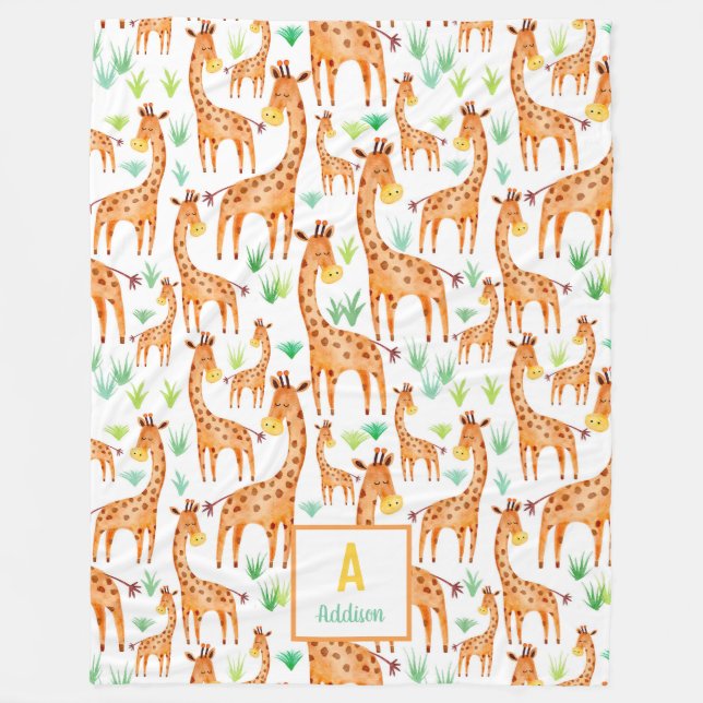 Beautiful Watercolor Giraffe Animal Personalised Fleece Blanket (Front)