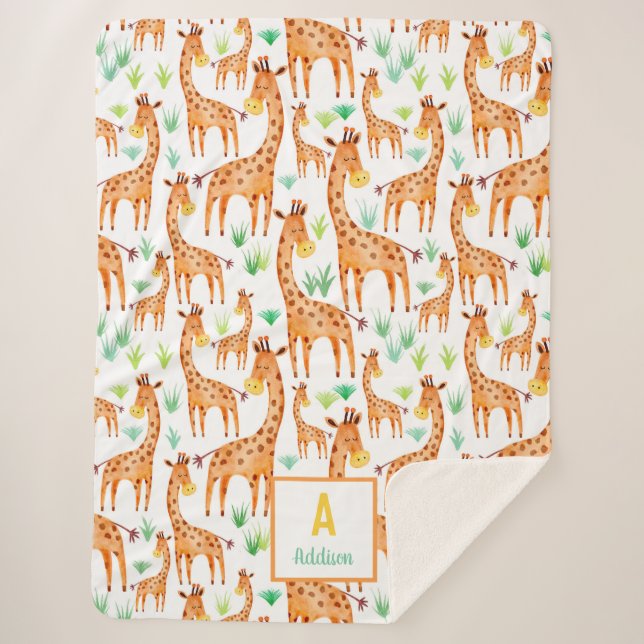 Beautiful Watercolor Giraffe Animal Personalised Sherpa Blanket (Front)