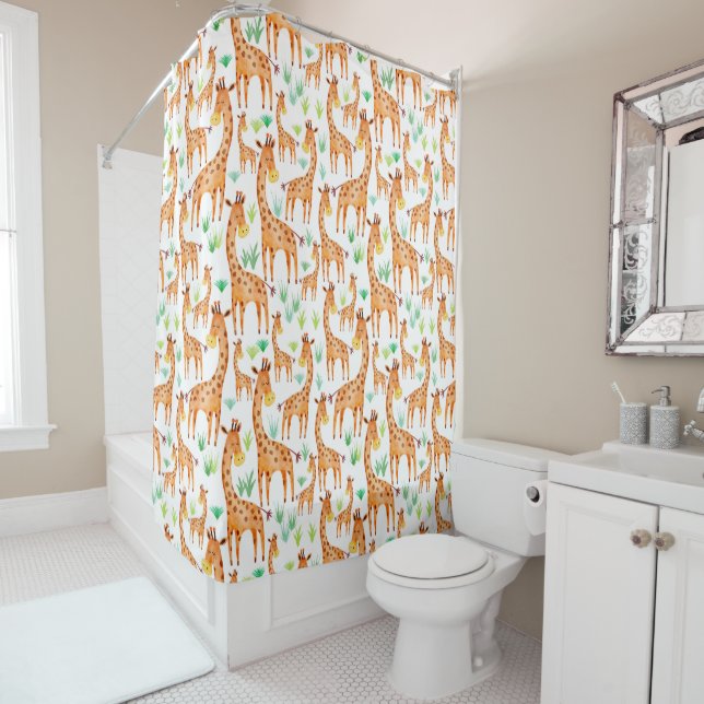 Beautiful Watercolor Giraffe Animal Shower Curtain (In Situ)