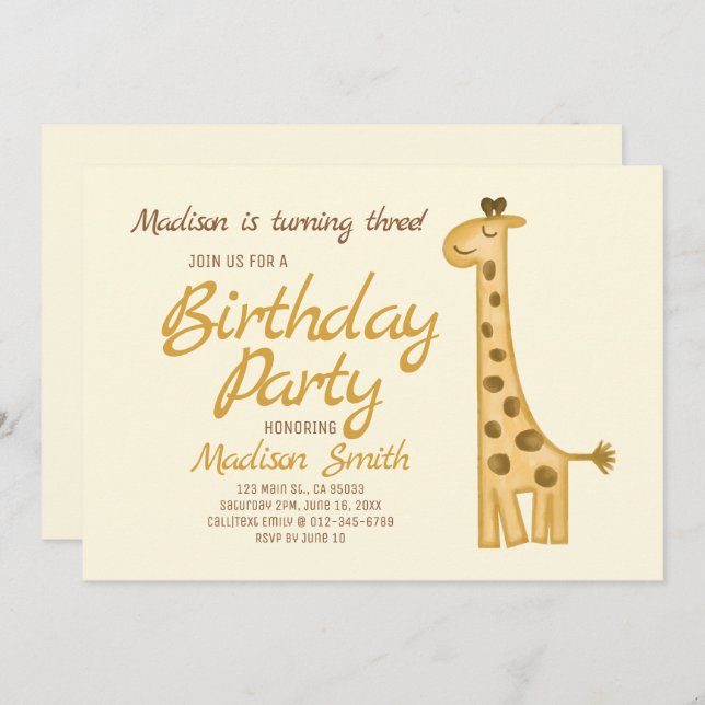 Beautiful Watercolor Giraffe Birthday Invitation (Front/Back)