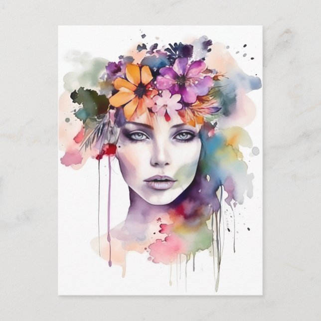 Beautiful Watercolor Girl with Flowers in Her Hair Postcard (Front)