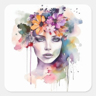 Beautiful Watercolor Girl with Flowers in Her Hair Square Sticker