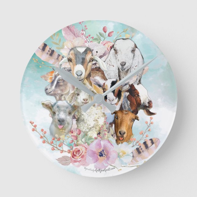 Beautiful Watercolor GOAT Collage | by GetYerGoat™ Round Clock (Front)