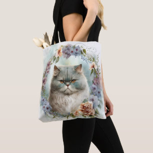 BEAUTIFUL WATERCOLOR GRAY PERSIAN CAT FLOWERS TOTE BAG