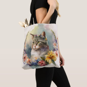 BEAUTIFUL WATERCOLOR GRAY TABBY CAT FLOWERS TOTE BAG