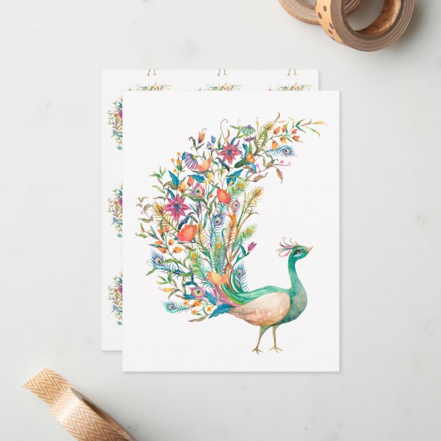 Beautiful watercolor green peacock card (Front/Back In Situ)