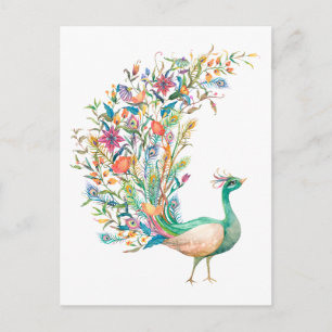 Beautiful watercolor green peacock postcard