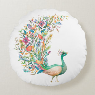 Beautiful watercolor green peacock round cushion