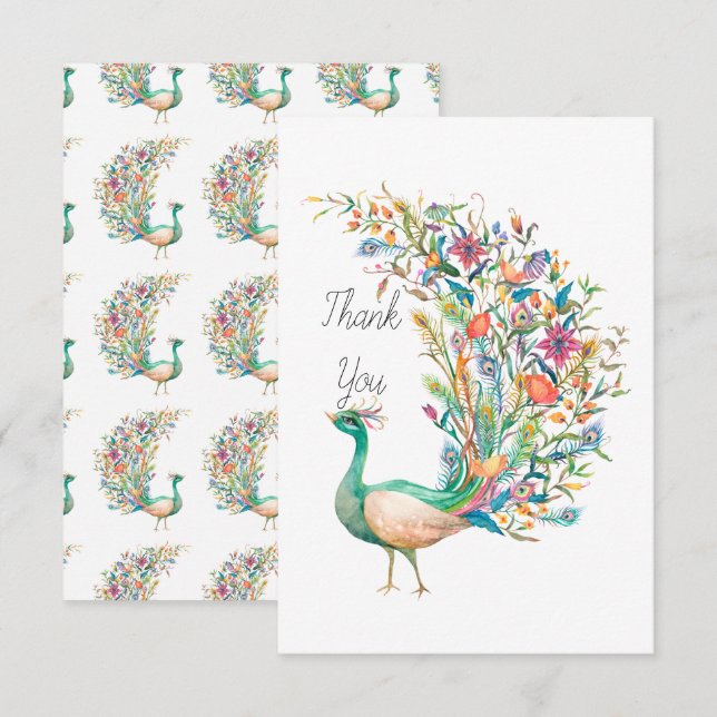 Beautiful watercolor green peacock thank you card (Front/Back)