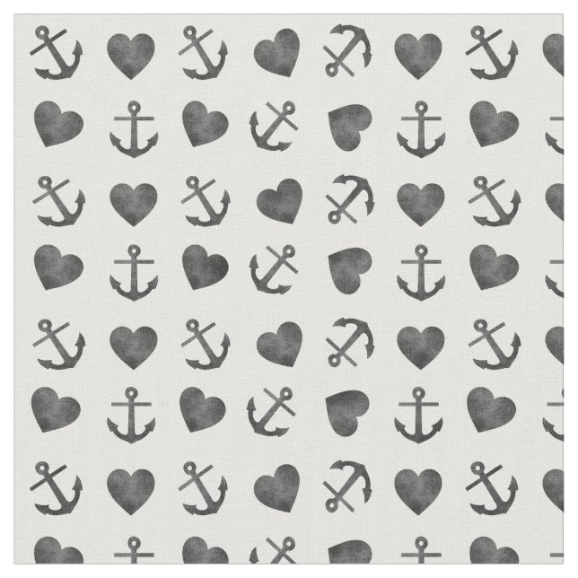 Beautiful watercolor hearts anchors pattern fabric (Close Up)