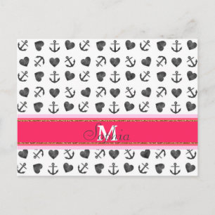 Beautiful watercolor hearts anchors pattern postcard