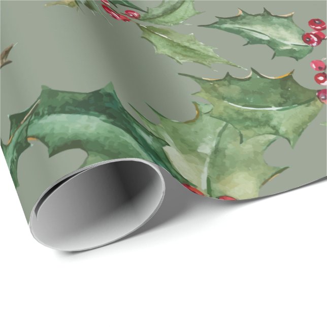 Beautiful Watercolor Holly and Berries Wrapping Paper (Roll Corner)