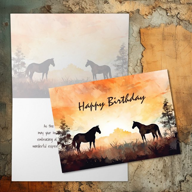 Beautiful Watercolor Horses at Sunset Birthday Card (Beautiful Watercolor Horses at Sunset Birthday Card)