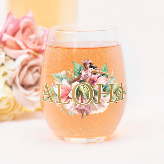 Beautiful Watercolor Hula Girl Aloha Hawaiian  Stemless Wine Glass (Creator Uploaded)