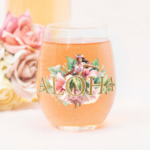 Beautiful Watercolor Hula Girl Aloha Hawaiian Stemless Wine Glass