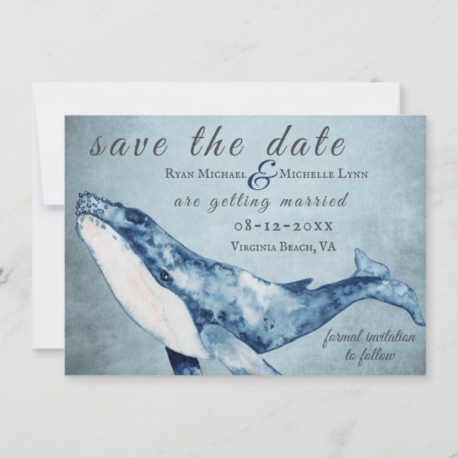 Beautiful Watercolor Humpback Whale Beach Wedding Save The Date (Front)