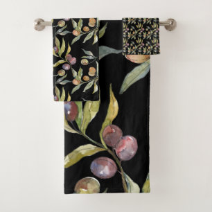 Beautiful Watercolor Italian Olives Pattern Black Bath Towel Set