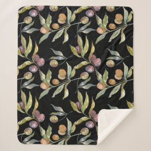 Beautiful Watercolor Italian Olives Pattern Black Sherpa Blanket