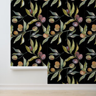 Beautiful Watercolor Italian Olives Pattern Black Wallpaper