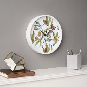Beautiful Watercolor Italian Olives Pattern White Clock