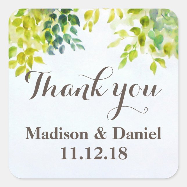 Beautiful Watercolor Leaves Wedding Thank You Square Sticker (Front)