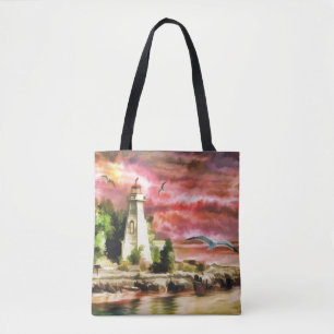 Beautiful Watercolor Lighthouse Scene Tote Bag