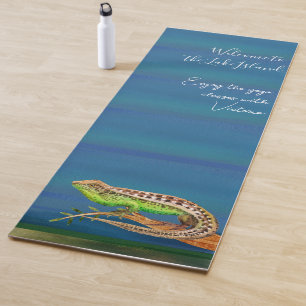 Beautiful watercolor lizard on blue green custom yoga mat