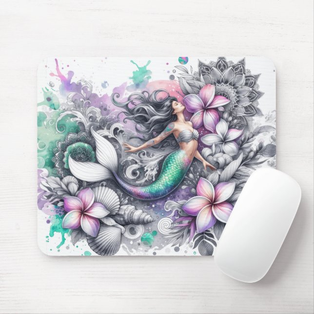 Beautiful Watercolor Mermaid Mouse Mat (With Mouse)