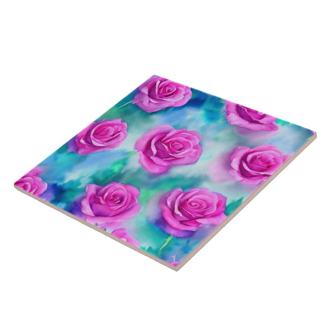 Beautiful Watercolor Modern Pink Roses Collection Tile (Side)