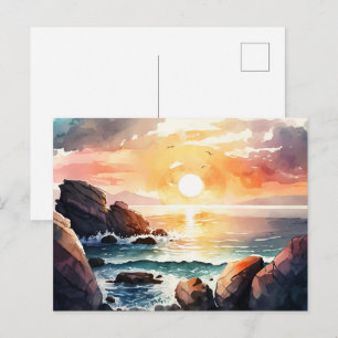 Beautiful Watercolor Ocean Sunset Landscape Postcard