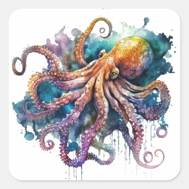 Beautiful Watercolor Octopus  Square Sticker (Front)