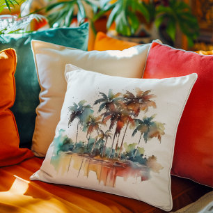 Beautiful watercolor  of a beach with palm trees cushion