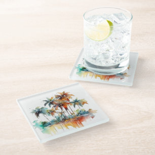 Beautiful watercolor of a beach with palm trees glass coaster