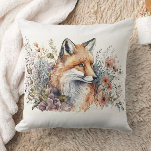 Beautiful Watercolor Painting Red Fox In Flowers Cushion