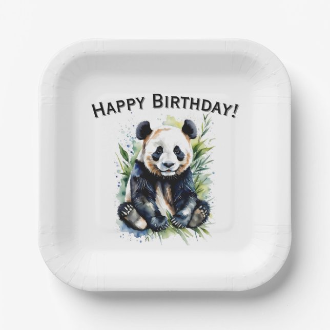 Beautiful Watercolor Panda Bear Happy Birthday Paper Plate (Front)