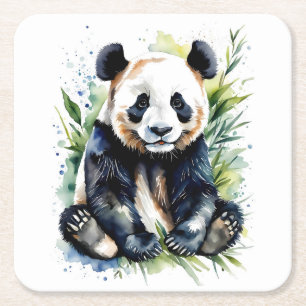 Beautiful Watercolor Panda Bear Square Paper Coaster