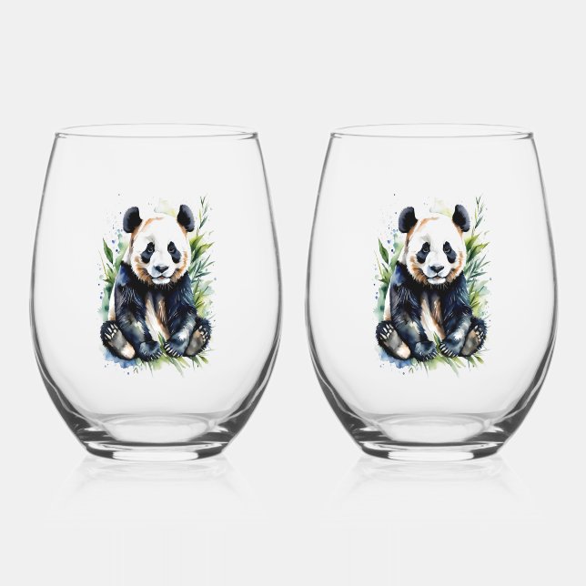 Beautiful Watercolor Panda Bear  Stemless Wine Glass (Front)