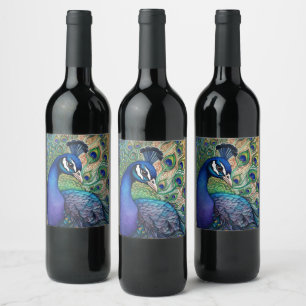 Beautiful Watercolor Peacock  Wine Label