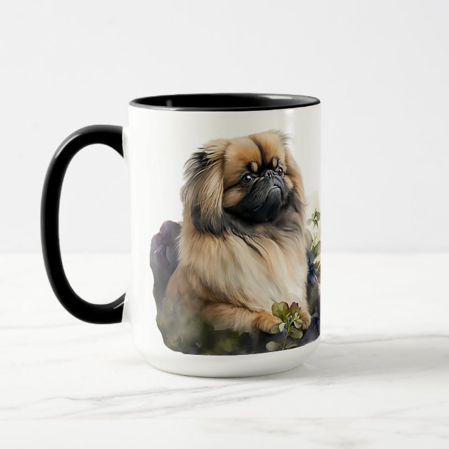 BEAUTIFUL WATERCOLOR PEKINGESE DOG & FLOWERS MUG (Left)