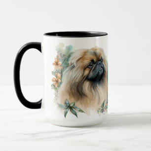 BEAUTIFUL WATERCOLOR PEKINGESE DOG & FLOWERS MUG