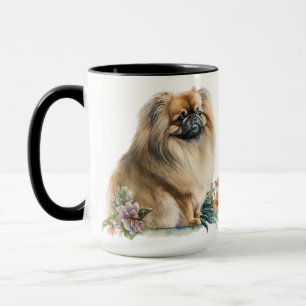 BEAUTIFUL WATERCOLOR PEKINGESE DOG & FLOWERS MUG