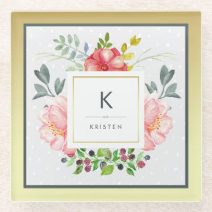 Beautiful Watercolor Peonies on Gold with Monogram Glass Coaster